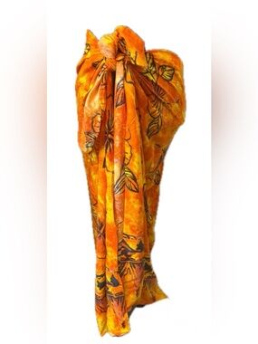 Beach Cabana Tropical Orange Floral Sarong Wrap Cover Up Scarf One Size Resort